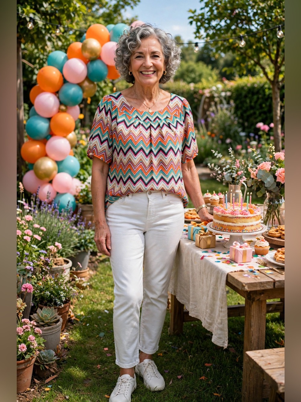 Roz & Ali Chevron Swing Top in Orange, Teal, Pink & White Size 2X